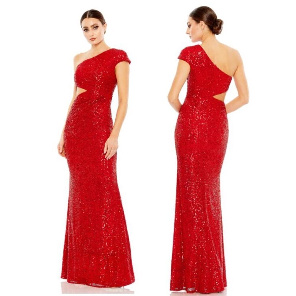 New Mac Duggal Size 0 Red 42022 Sequined One Shoulder Cut Out Gown Dress $398